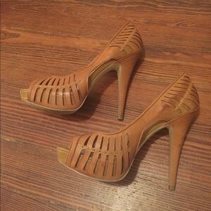 BCBGeneration Tan Cutout Peep-Toe Heels